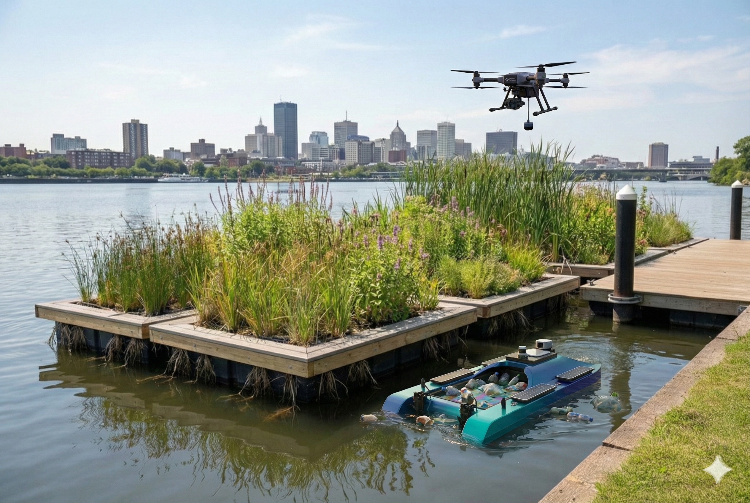 Integrated Mission System showing Drone, Boat, and Wetland
